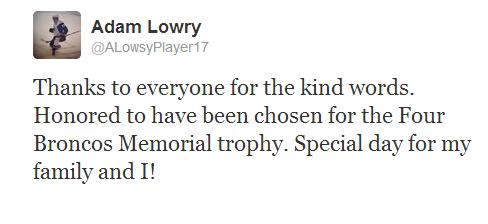 Adam Lowry tweet re; Award