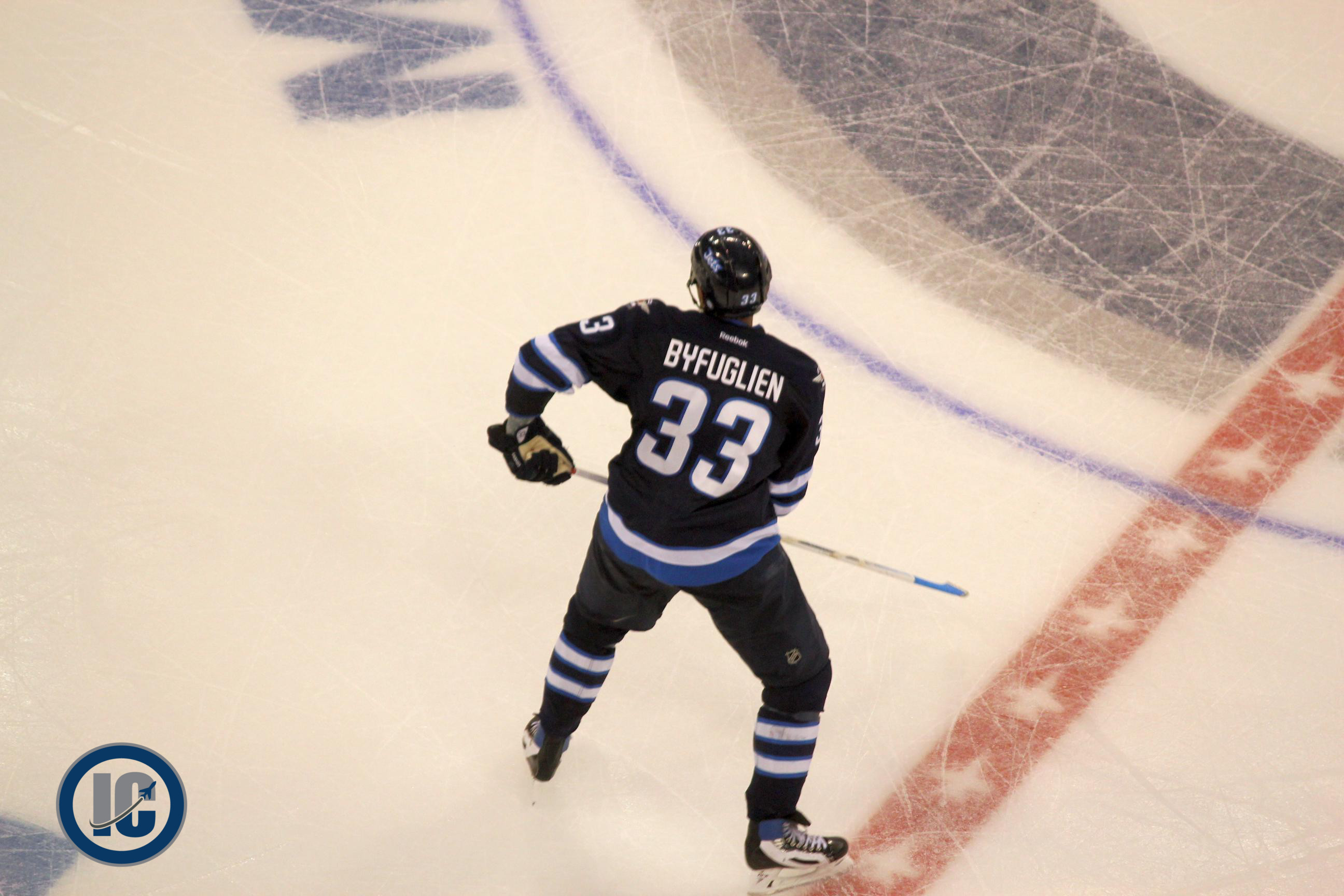 Winnipeg Jets Dustin Byfuglien at centre ice