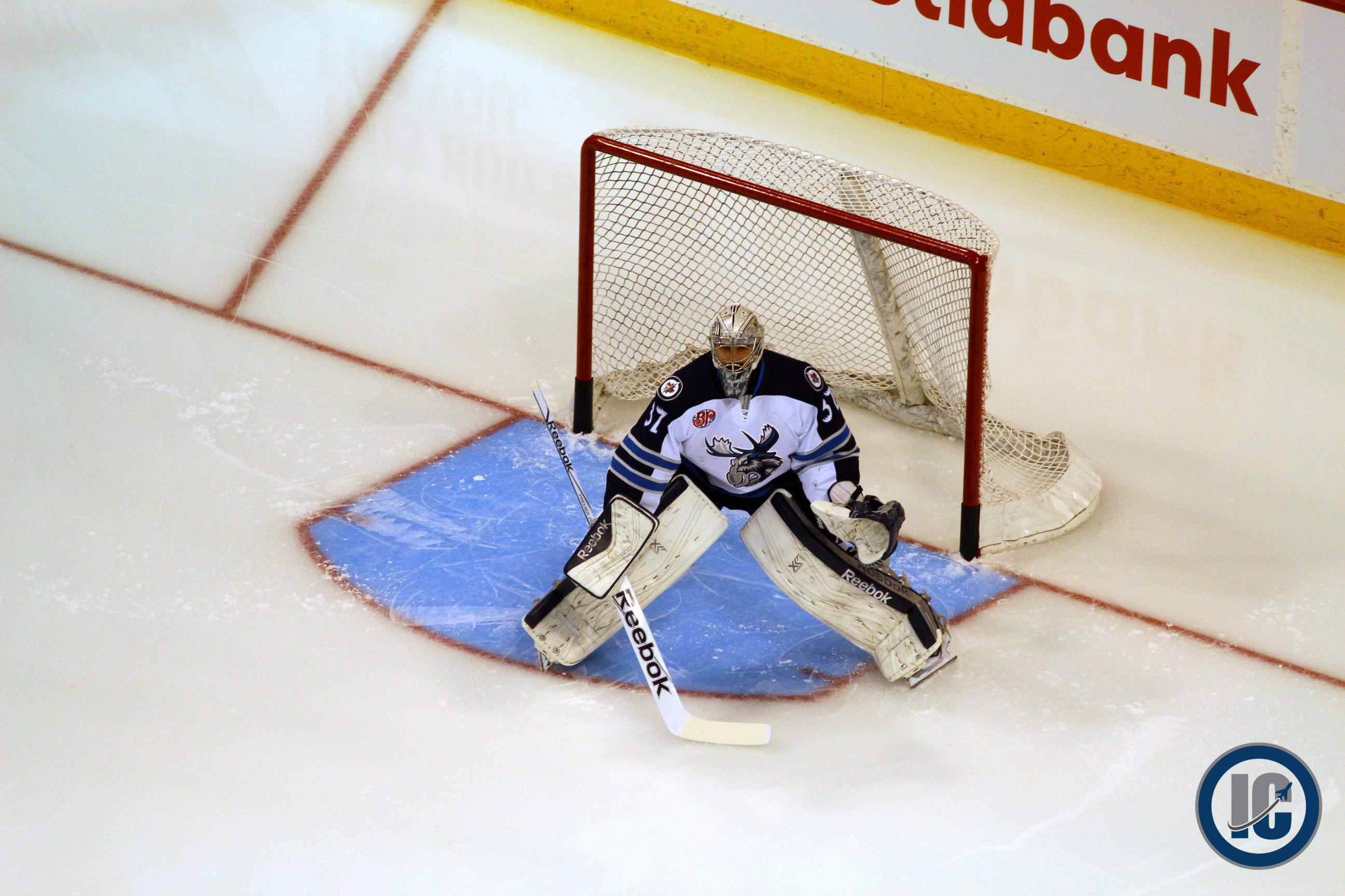 Connor Hellebuyck in warm up