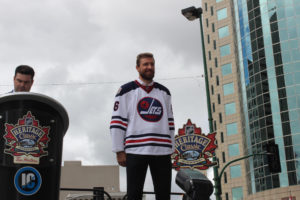 A close up look at the Winnipeg Jets Heritage Classic jersey