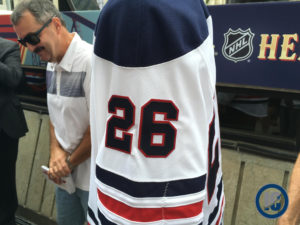 A close up look at the Winnipeg Jets Heritage Classic jersey