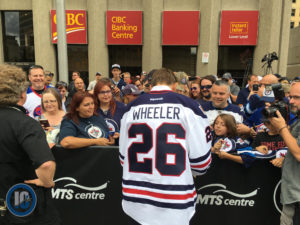 A close up look at the Winnipeg Jets Heritage Classic jersey