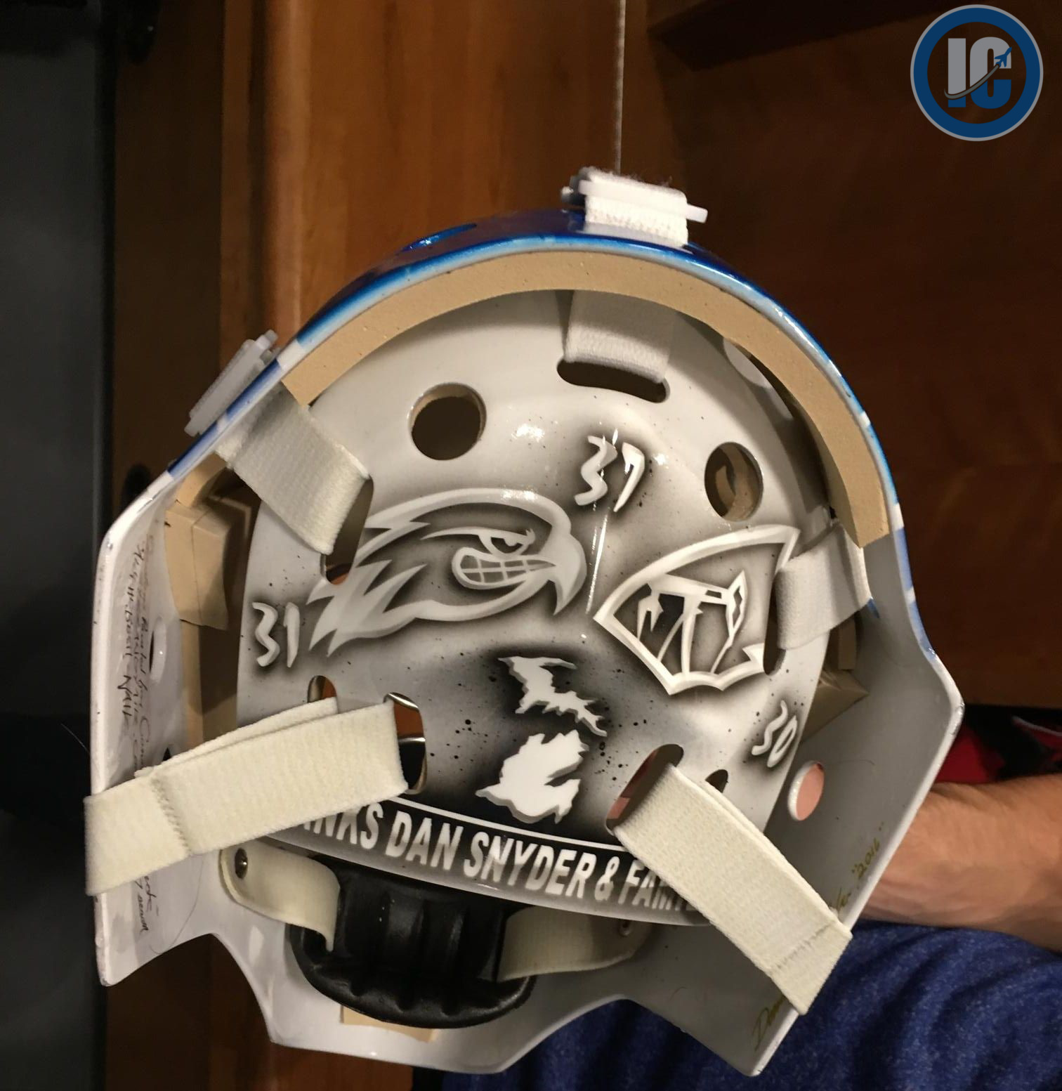 Connor Hellebuyck helmet back of helmet