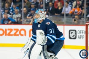 Connor Hellebuyck in ready position