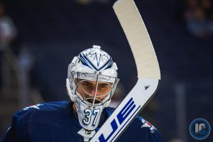 Connor Hellebuyck in warm up