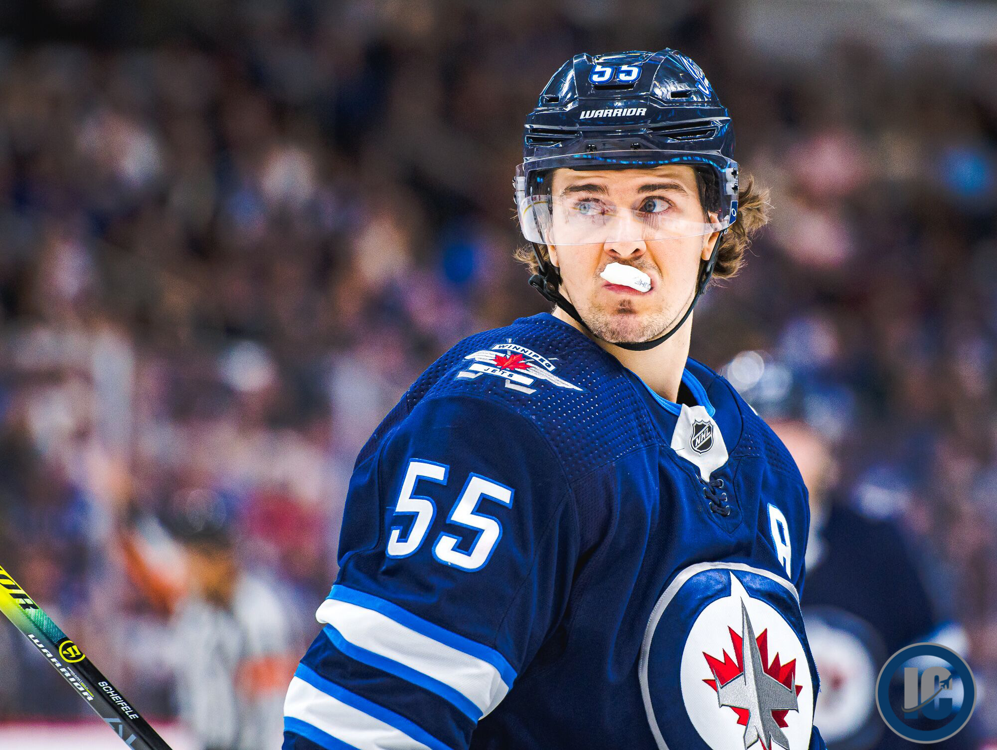 NHL profile photo on Winnipeg Jets player Mark Scheifele at a game