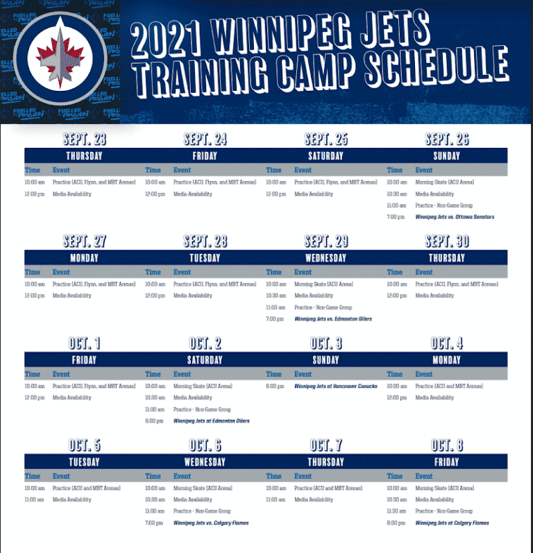 Winnipeg Jets release 202122 training camp schedule Illegal Curve Hockey