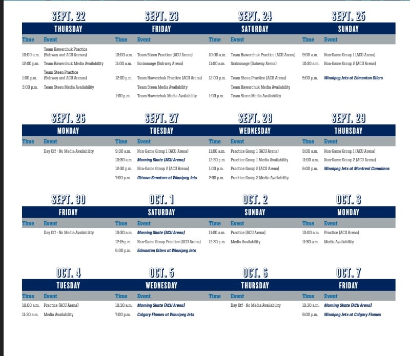 Jets training camp schedule
