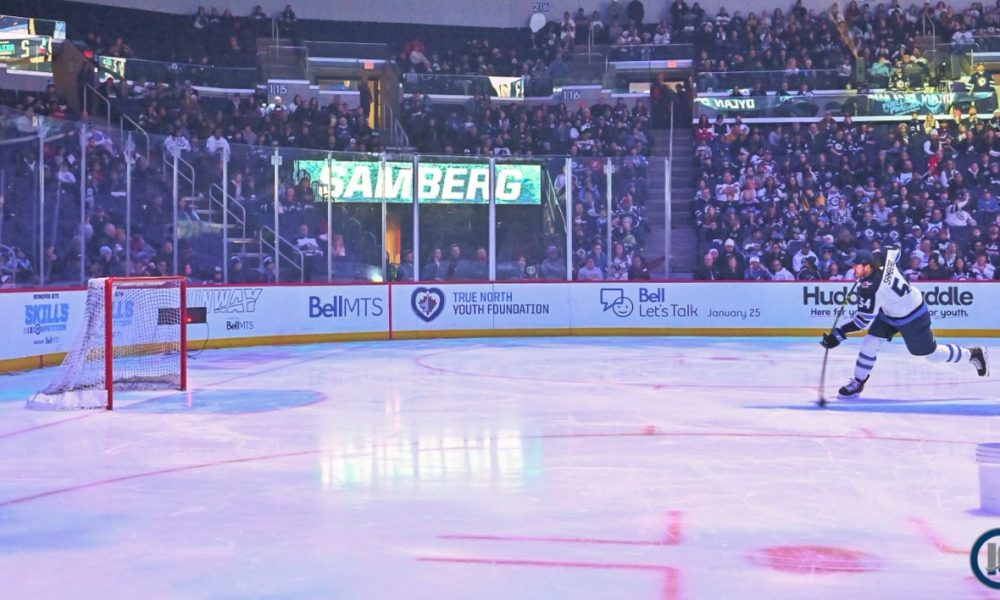 Jesse Pollock of TSN Bardown competes in Winnipeg Jets Skills Competition