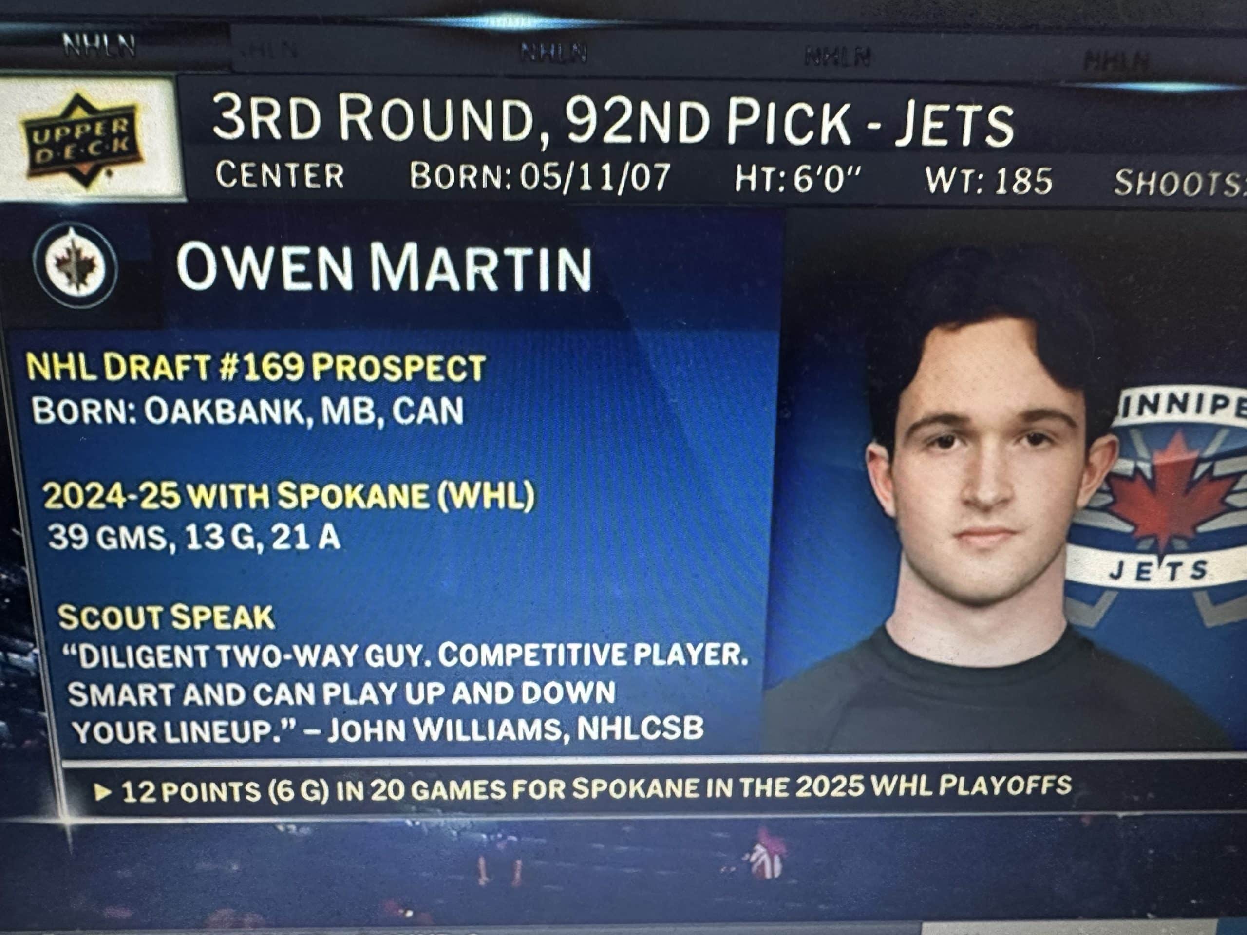 Winnipeg Jets 2025 3rd Round Draft Pick (92nd overall): Owen Martin